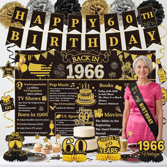 Black Gold 60Th Birthday Decorations – Back in 1966 Backdrop, Pre-Strung Banner,