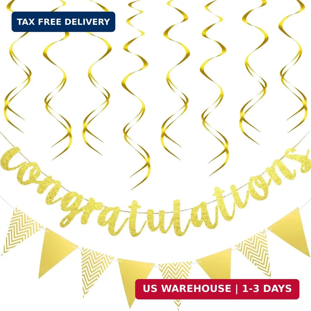 Outus Pre-strung Glitter Congratulations Banner Triangle Flag Banner with 12 Pie