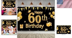 Chic 60th Birthday Party Banner – Large Black and Gold Decor, 72.8 x 43.3 Inch
