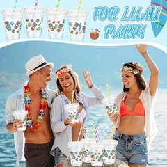 Clear Luau Cups – 12 oz Tiki Party Cups 50 Count with Lids
