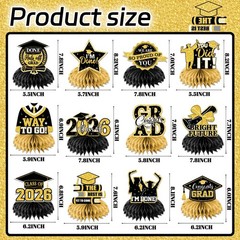 Black Gold Glitter Congrats Grad Class Of 2026 Honeycomb Centerpieces 12PK