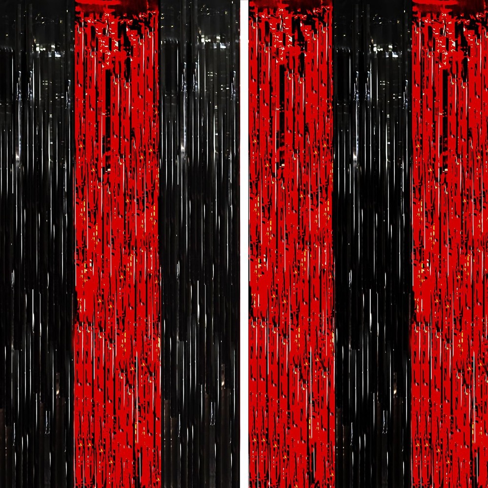 2-Pack Red Black Tinsel Foil Fringe Curtains Metallic Streamers Backdrop