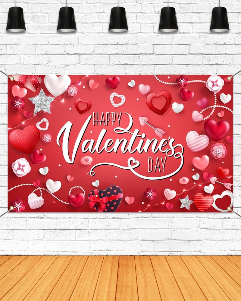 Mocsicka Happy Valentine’s Day Backdrop Banner 70.8×43.3 inch, Red