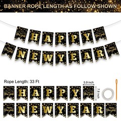 Happy New Years Eve Decorations 2026 – Black Gold Happy New Year Banner, New