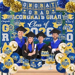 2026 Graduation Decorations Set – Blue & Gold Congrats Grad Banner, Backdrop, Ba