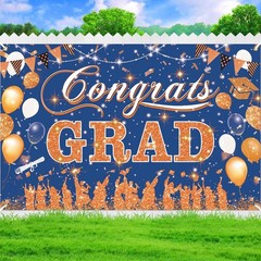 Blue Orange Graduation Banner 2026 – Congrats Grad Decoration for High School &