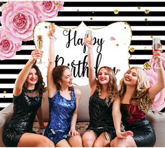 Pink Rose Happy Birthday Backdrop Banner for Women Black White Stripe Birthday P