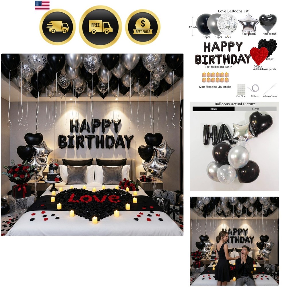 Romantic Birthday Decorations for Men with Black Silver Balloons, Happy Birth…