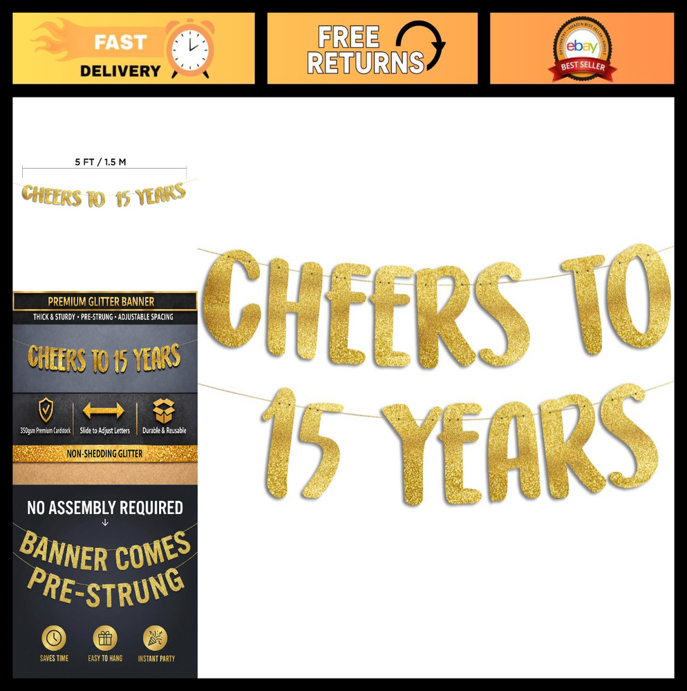Cheers to 15 Years Gold Glitter Banner – 15th Birthday & Anniversary Decor, Part