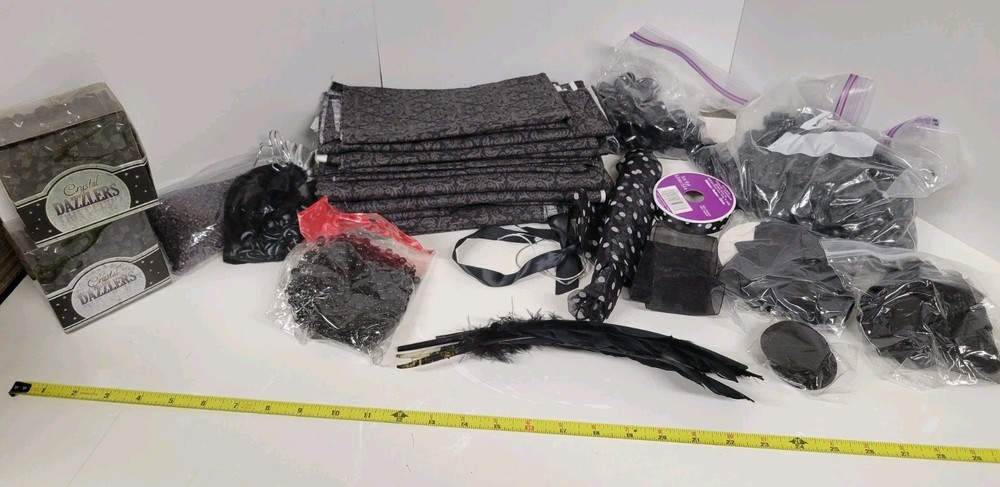 Lot of Black Wedding Party Decor Supplies: Ribbon, Gems, Fabric, Feathers, Sand