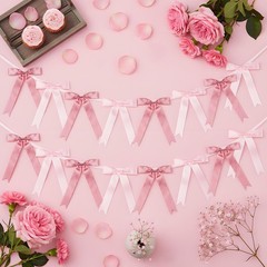 Pink Bow Garlands Banner Decoration, 2 Strings 16PCS Pre-Strung Satin Ribbon …