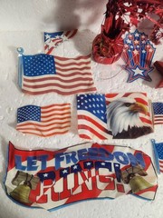 Patriotic Decorations Patriotic Bow, Tinsel Star, Tablecloth, Window Clings…..