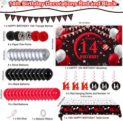 14Th Birthday Decorations for Boys Girls, Red Black Happy 14 Birthday Party Deco