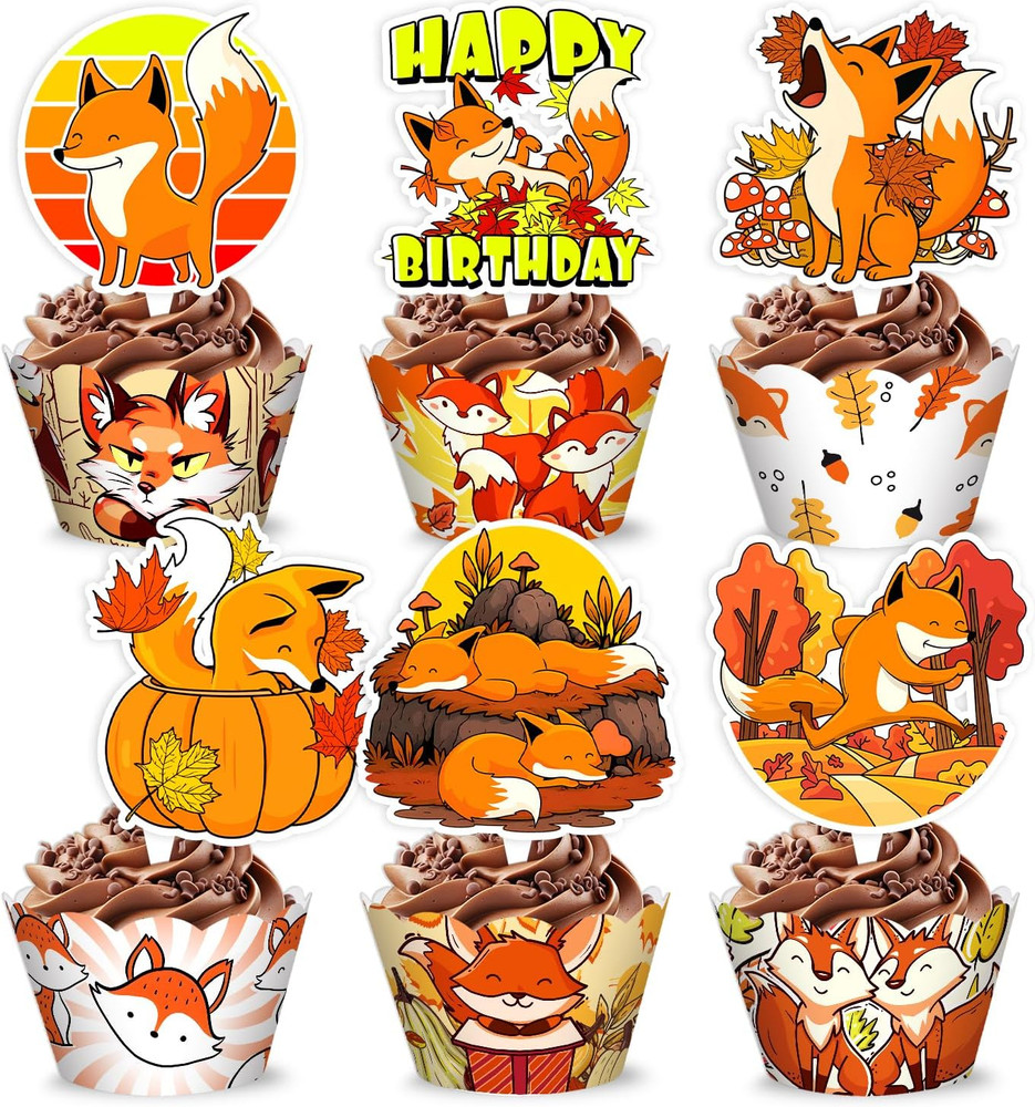 48PCS Fox Themed Birthday Party Decorations | 24PCS Cupcake Toppers & 24PCS Cupc