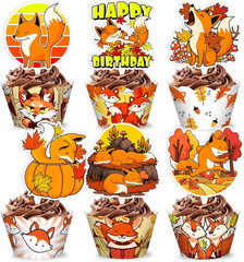 48PCS Fox Themed Birthday Party Decorations | 24PCS Cupcake Toppers & 24PCS Cupc