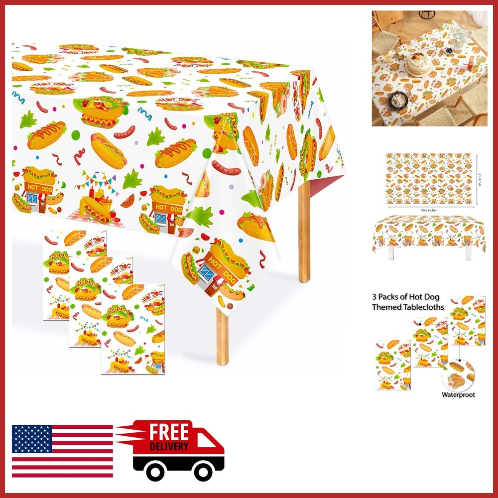 3PCS Hot Dog Party Table Covers for Baby Shower and Birthday Celebrations