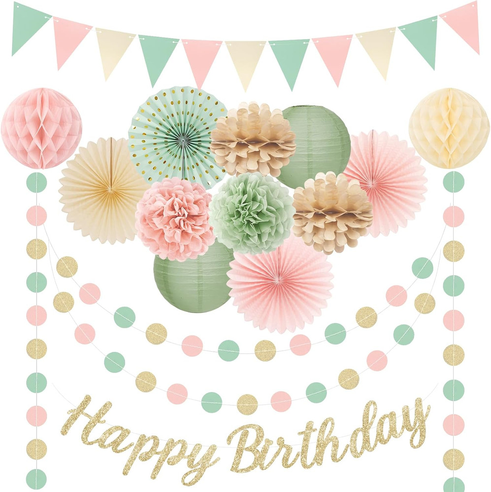 Sage Green Pink Birthday Party Decorations Set Banner Fans Garland Kit