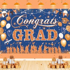 Blue Orange Graduation Banner 2026 – Congrats Grad Decoration for High School &