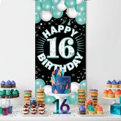 Happy 16th Decorations for Boys & Girls, Turquoise Fabric Banner Backdrop for…