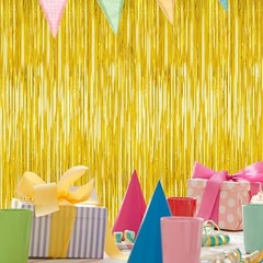 2 Pack Tinsel Backdrop, 3.28 FT x 7.05 FT Metallic Fringe Curtain 2 PCS Gold