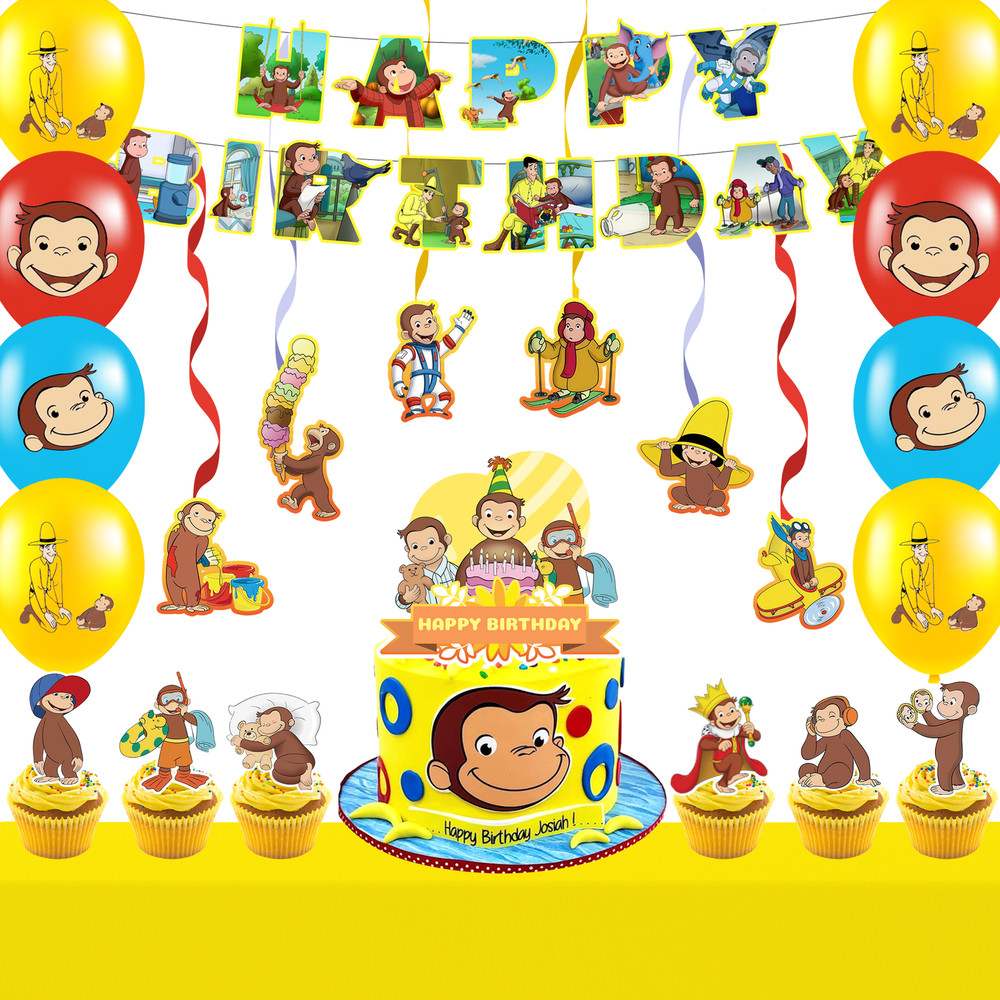 Curious George Birthday Party Decoration Latex Balloon Tablecloth Cupcake Topper
