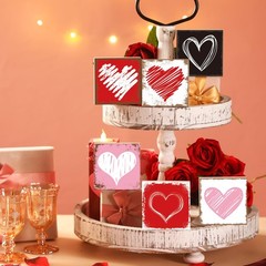 6 Pcs Valentines Tiered Tray Decor Set Wood Heart Standing Blocks Decor Farmh…