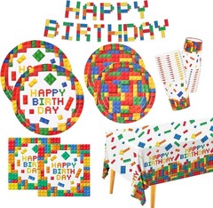Vibrant Building Block Party Supplies – Plates, Napkins & Tablecloth for 25