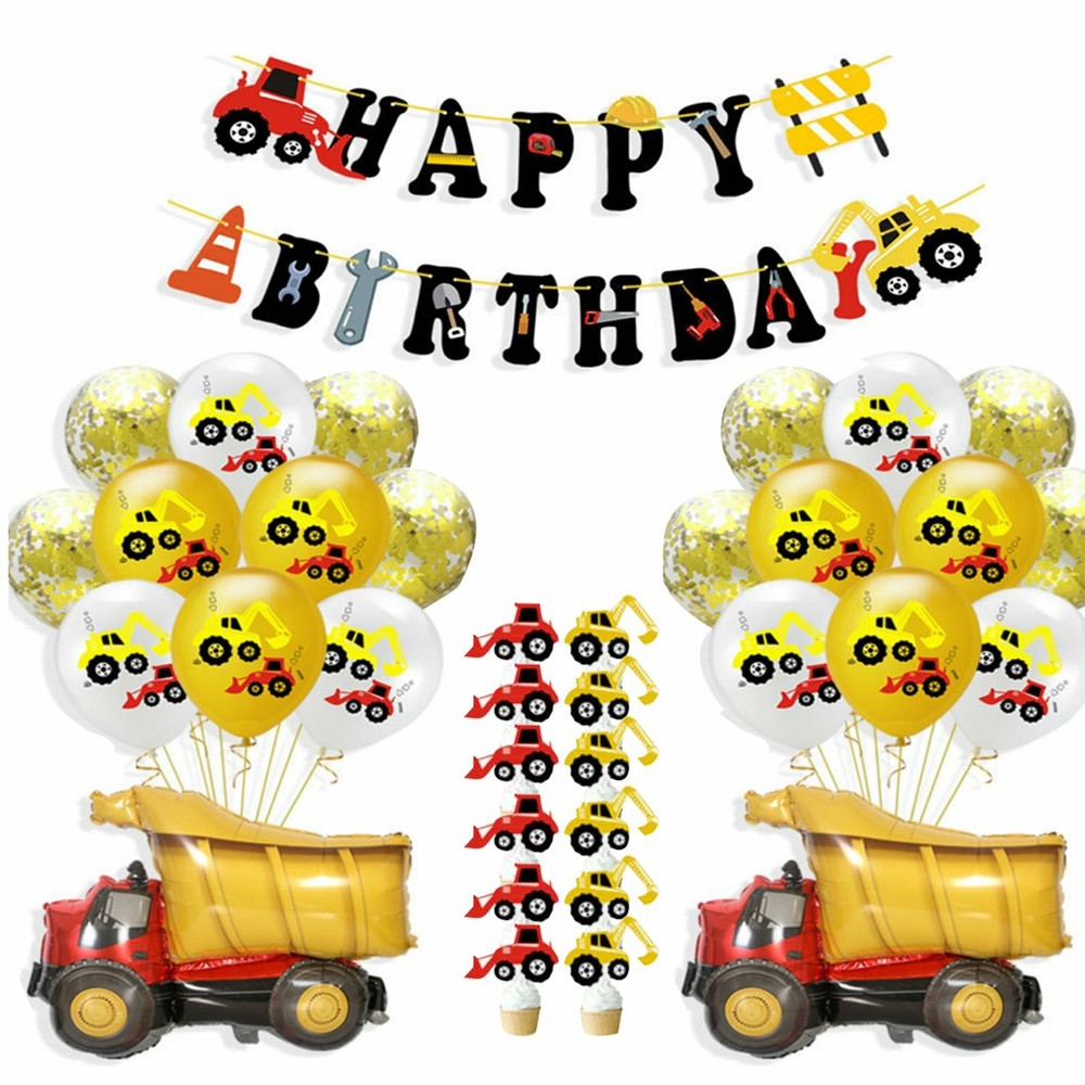 Birthday Party Decoration, Construction Themed Banner & Dump Truck Balloons Set