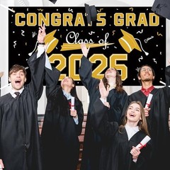 2026 Graduation Decorations – Polyester Graduation Backdrop – Black Gold
