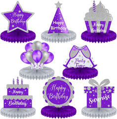 8 Pcs Purple and Silver Birthday Centerpiece Table Decoration, Happy Birthday Ho