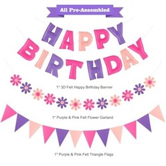 Felt Birthday Decorations, NO DIY, Pre-Strung 3D Felt Happy Birthday Banner with