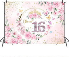 7x5ft Sweet 16 Backdrop Banner Decorations for Girls Birthday Party Pink Floral