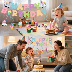 Birthday Decorations, Happy Birthday Banner Sign with Ice Cream Hanging Swirl…