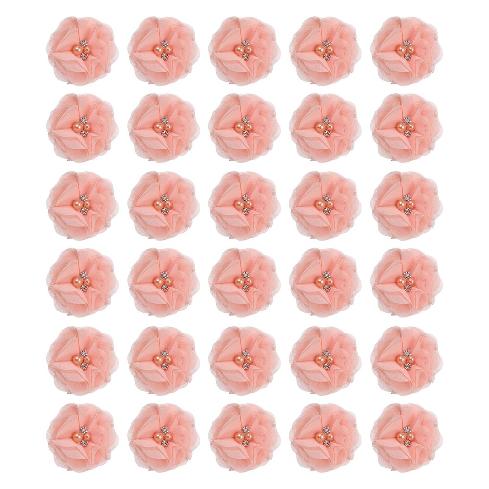 30Pcs 2″ Chiffon Flowers with Rhinestone Pearl Sewing Fabric Flowers, Light Pink