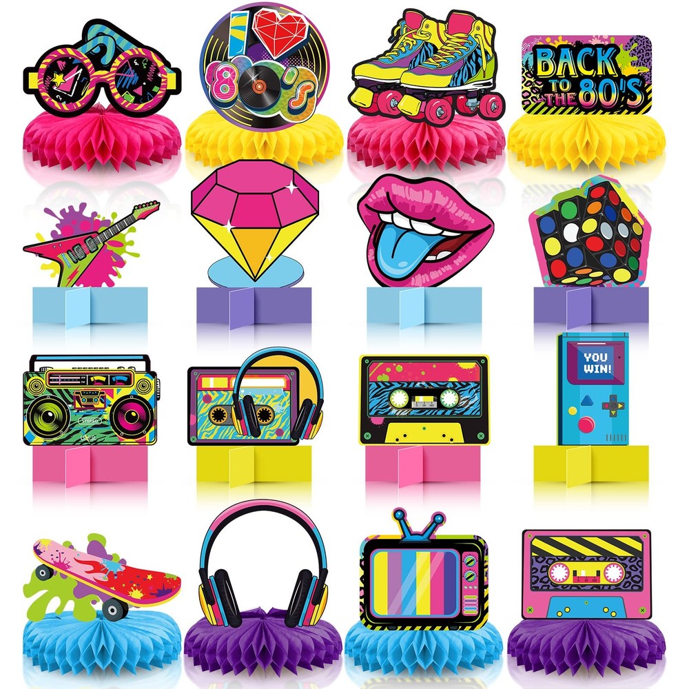 Pasimy 16 Pcs 80s Party Decorations 1980s Honeycomb Pink, Blue, Green, Yellow