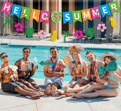Hello Summer Banner and Glittery Hawaiian Luau Tropical Themed Banner Colorful S
