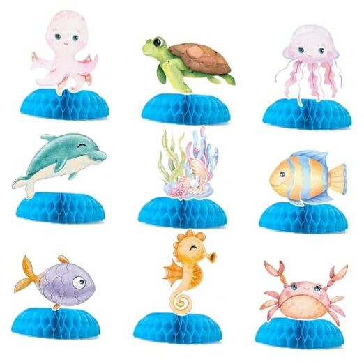 9 Pcs Ocean Animal Table Honeycomb Centerpieces, Ocean Theme Happy Blue