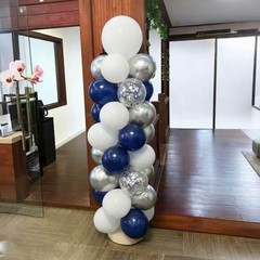 Navy Blue and Silver Confetti Balloons 50 pcs, 12 inch White Pearl and Silver