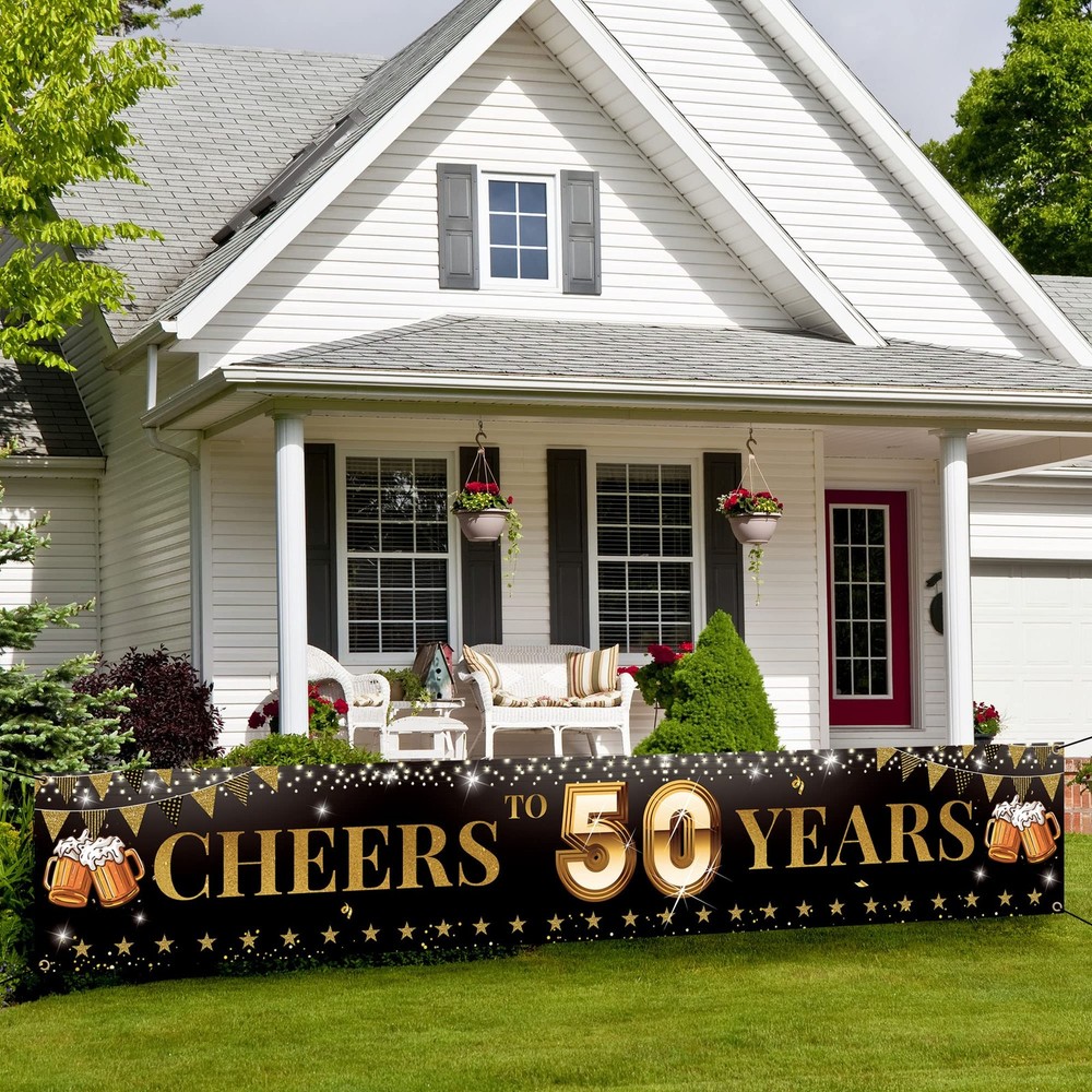 Cheers to 50 Years Yard Sign Banner, Happy 50th Birthday Red, Black, White
