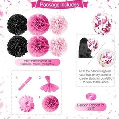 Pink & Black Birthday Party Decor – Happy Birthday Banner, Balloons, Pom Poms, C