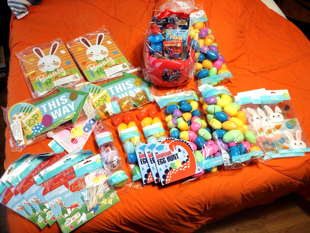 $60 Worth of Easter Party Supplies, Eggs, Toys, Decals, Decor, Spiderman Basket