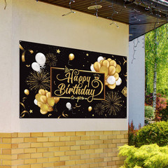 Happy Birthday Banner Sign Poster Large Fabric 72.8 X 43.3In (Black And Gold)