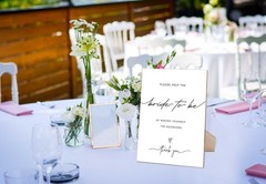 QOFO Wedding Party Minimalist Wooden Sign with Stand – Party Decorations