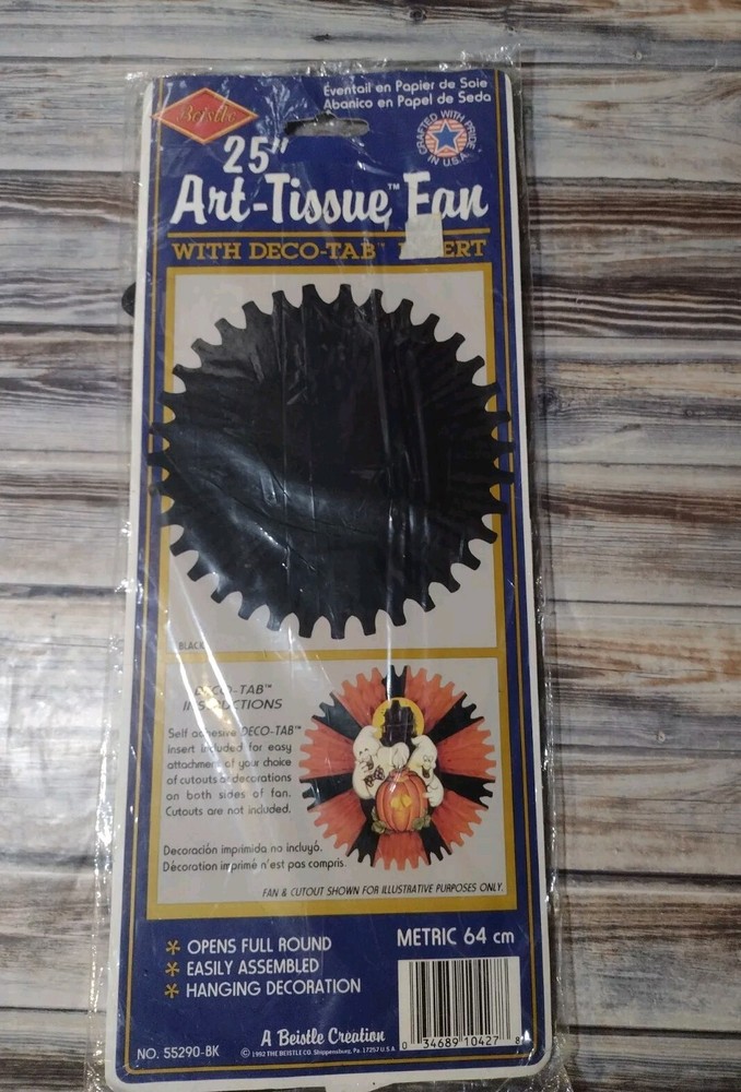 Vintage 90s Beistle Paper Art Tissue Black Fan 25” Hanging For Halloween Decor