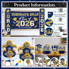 Navy Blue and Gold Graduation Decorations 2026 Set, All-In-1 Kit with Congrats G