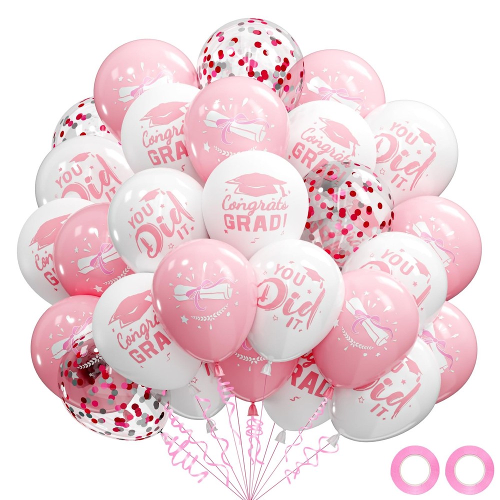 2026 Graduation Balloons Pink White Latex Confetti Congrats Grad Party Decor