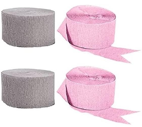 Pink and Gray Crepe Paper Streamers – 4 Rolls Total
