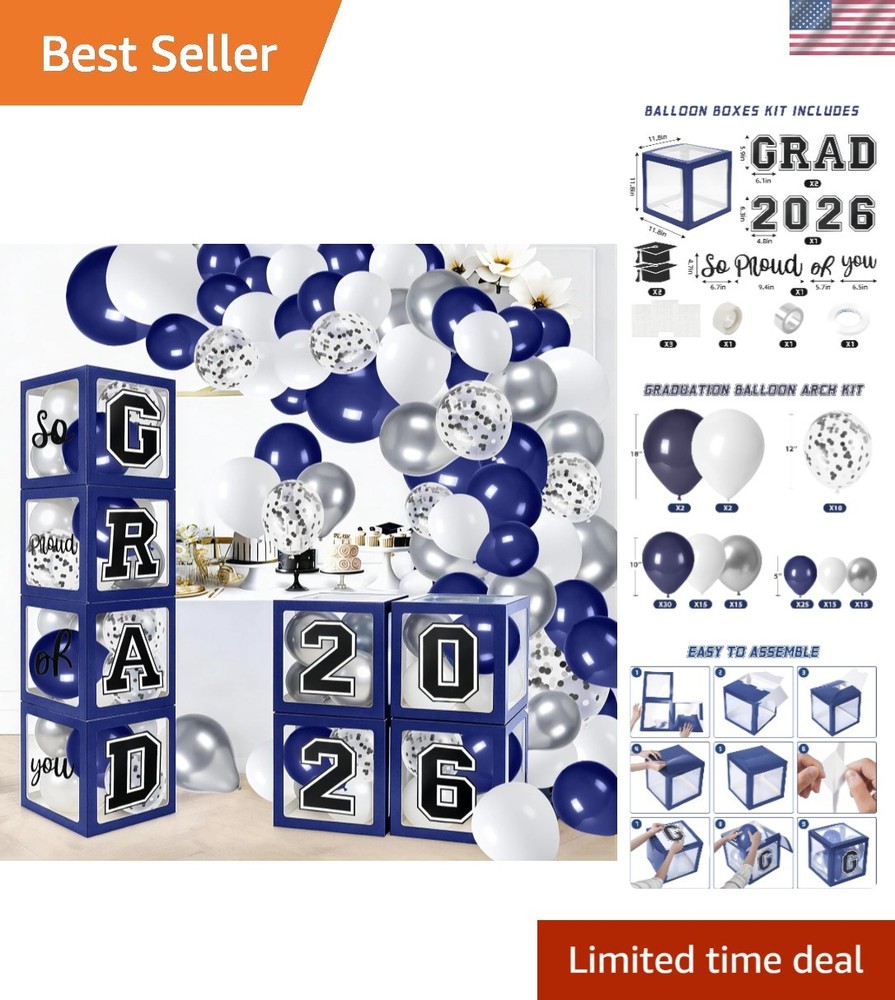 Class of 2026 Blue Graduation Decorations Balloon Arch Kit 4 Balloons Boxes GRAD