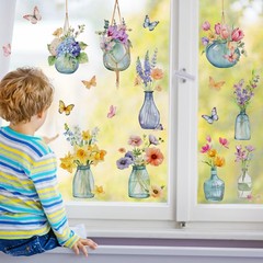 Yovkky Spring Summer Flowers Window Clings 4 Sheets, Potted Plant
