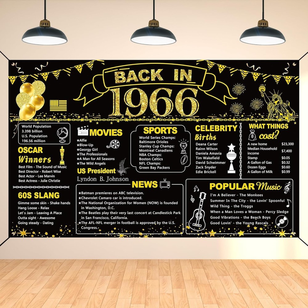 60Th Birthday Black Gold Party Decoration, Back in 1966 Banner 60 Year Old Birth